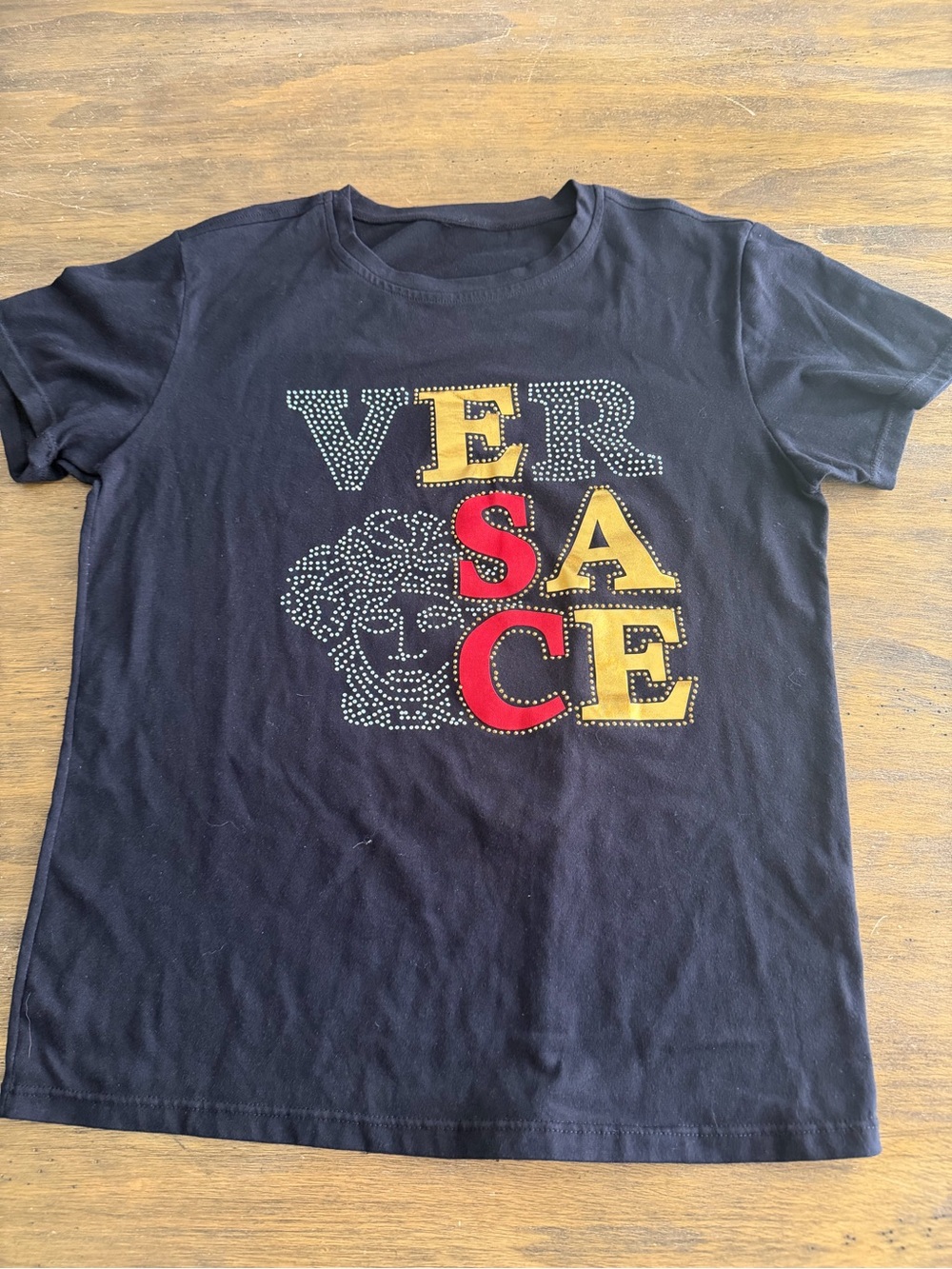 Versace Black Logo Tee with Red & Gold Stud Accents Medusa